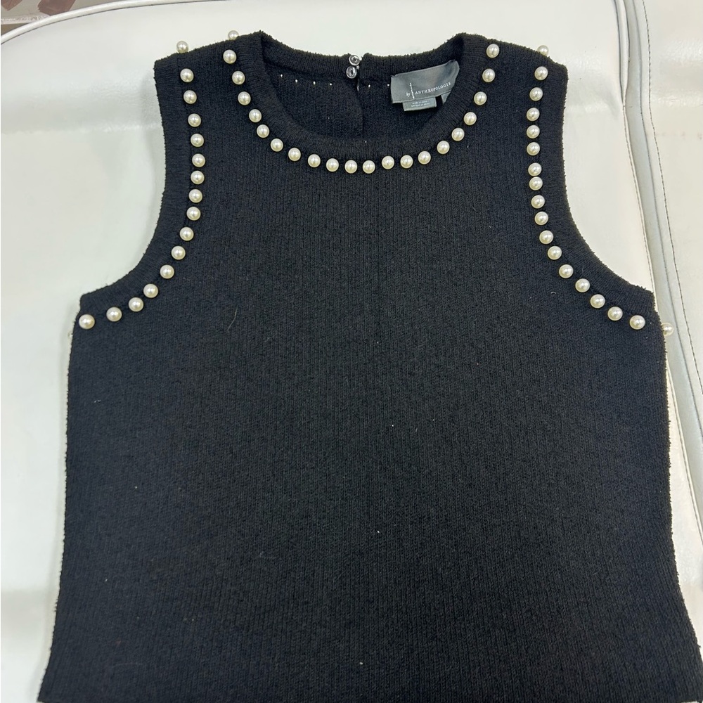 Anthropologie Black Sleeveless Top with Pearl Accents